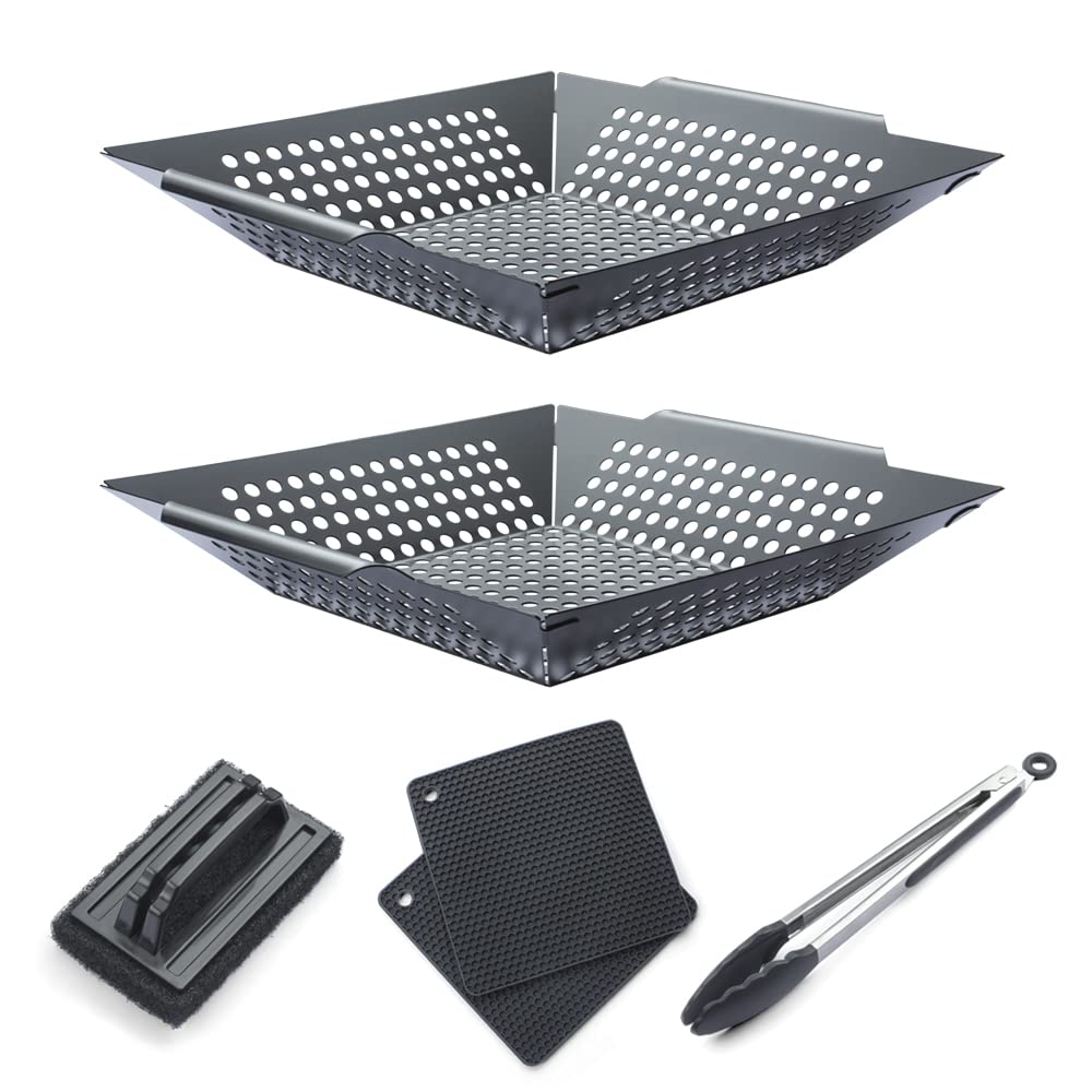 YouYue 6pc Grilling Basket Set Including 2 Versatile Non-stick Grilling Basket, 1 Scouring Pads Grill Brush, 2 Silicone Mat, 1 Grill Tong in 12inch Length with Silicone Tip and Locking System