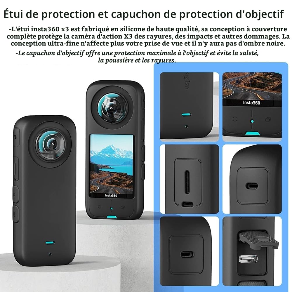 Kit d'accessoires 7 en 1 pour Insta360 X3 Étui en silicone Protection d'objectif Film de protection d'écran Sac de transport extérieur