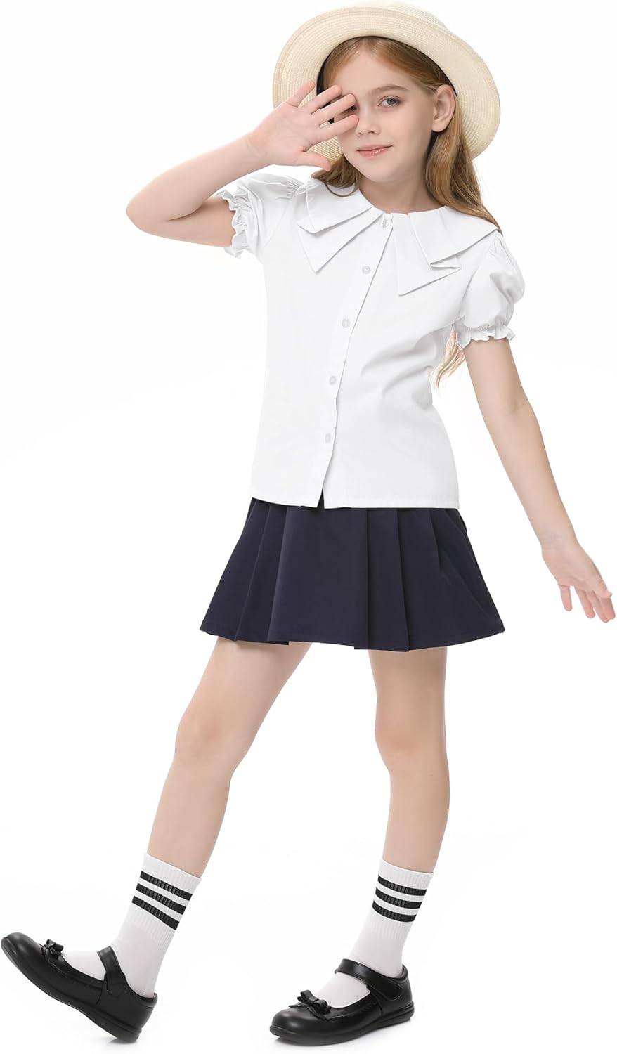 Girls Short Sleeve Peter Pan Blouse Puff Sleeve Button Down Shirt School Uniform Blouse 3-12 Years - Image 5