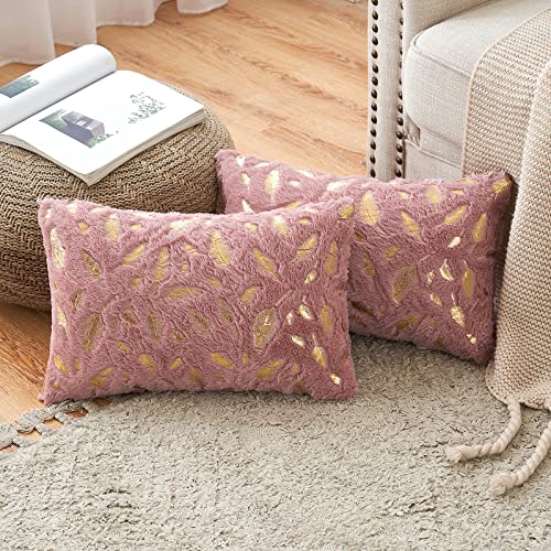 Anroduo Park Of 2 Throw Pillow Covers Heather Pink 12X20 Inch Decorative Plush Faux Fur With Gold Feathers Gilding Leaves Pillow Cases Luxury Style Cushion Case For Sofa Couch Living Room Bedroom #TOP15
