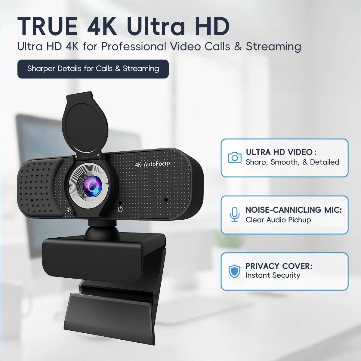 4K Autofocus Webcam for PC & Laptop, USB Plug & Play Computer Camera with Dual Noise-Reducing Mics, Low-Light Correction, Privacy Shutter, Tripod Compatible, Works with Zoom/Teams/Google Meet — view 8