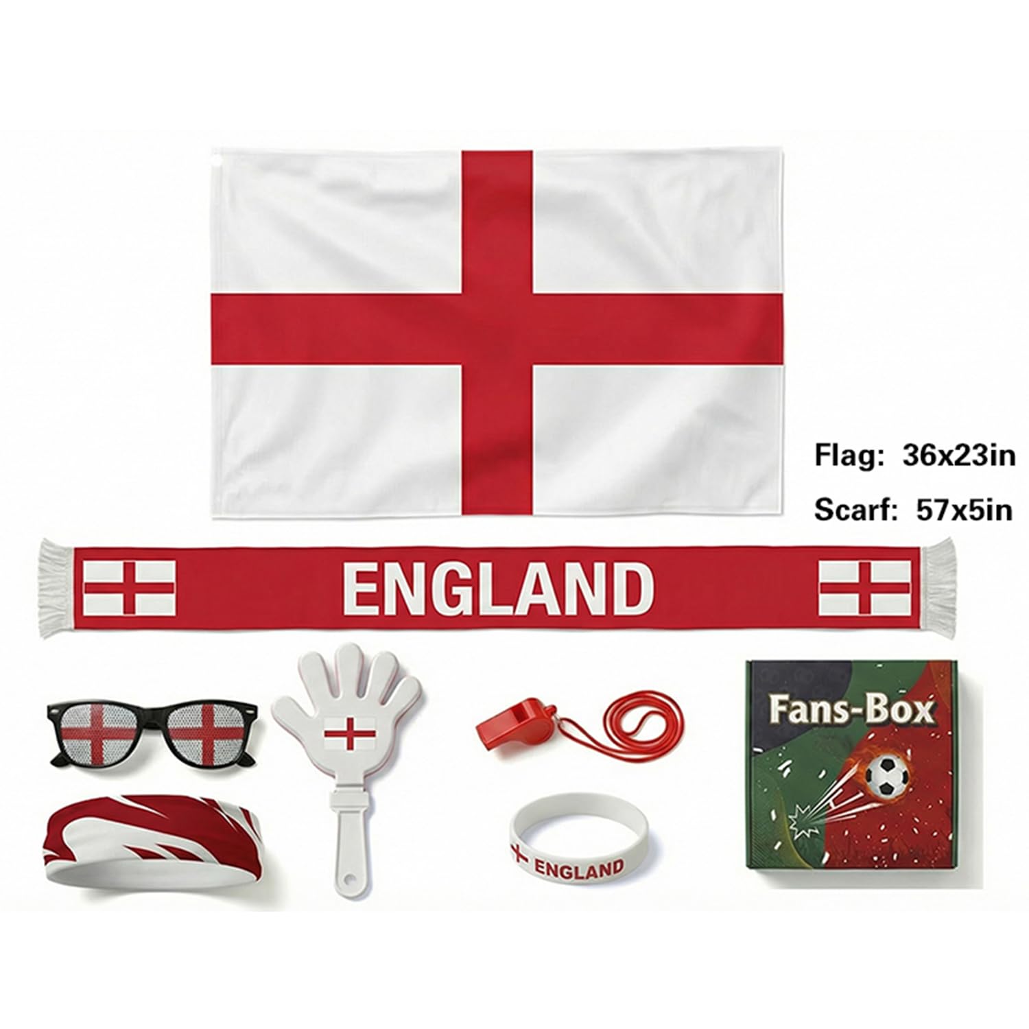 7 Pcs Cheering Kit for Football Matches, 2026 England Soccer Fan Game Day Accessory Set, Includes Flag, Glasses, Whistle, Clapper, Wristband, Scarf & Headband - 2