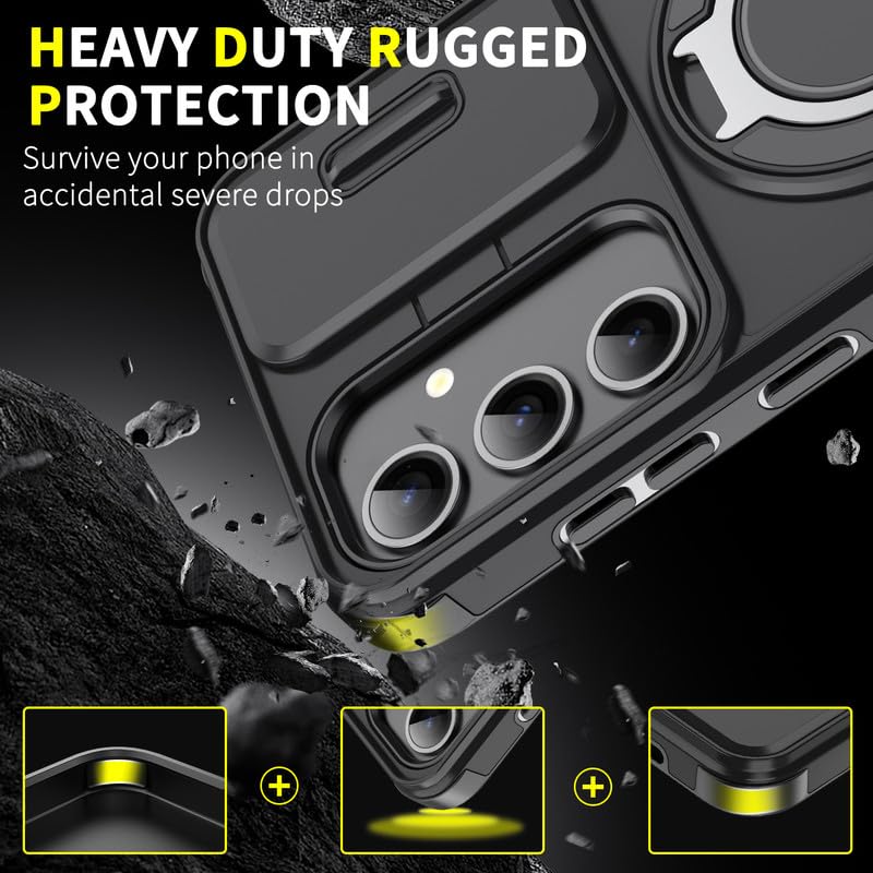 Image of LuxuryKase Shockproof Rugged Case for Samsung Galaxy S24 Plus | Slide Camera Cover | 360 Rotating Ring Kickstand | Military-Grade Protection - Matte Black
