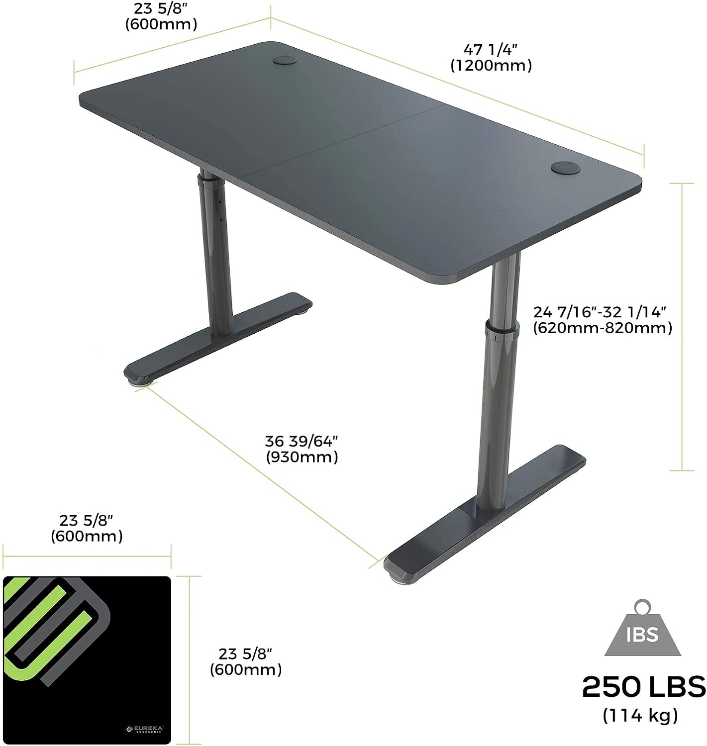 EUREKA ERGONOMIC Adjustable Computer Desk 47 Inch, Height Adjustable Desk for Home Office Modern Simple Writing Desks PC Table with Free Mouse Pad, Mechanical Adjustment Black