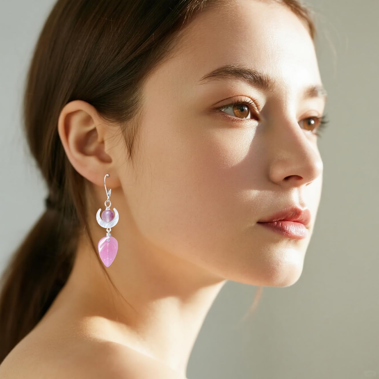Natural Round Stone Bead Rose Quartz Leaf Drop Earrings,Silver Crescent Moon Shell Genuine Real Crystal Gemstone Dangle Dangling Earrings Jewelry for Women Her - Image 4