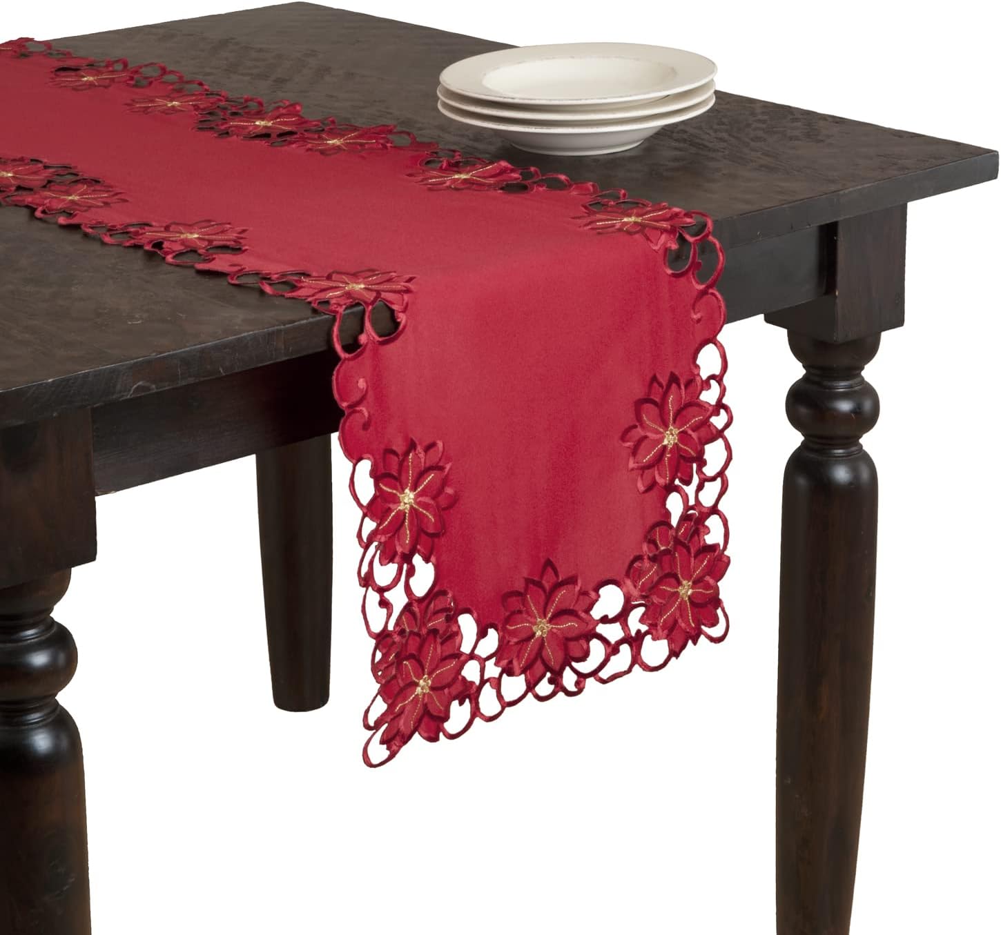 Fennco Styles Holiday Embroidered and Cutwork Poinsettia Table Runner 16" W x 72" L - Red Table Cover for Christmas Décor, Dining Table, Banquets, Special Occasion (16"X90" Table Runner)