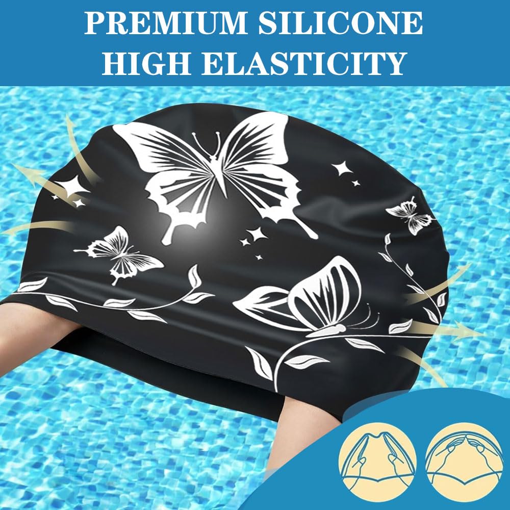 2 Stück Badekappe Damen Blume Schmetterling mit Nasenklammer Ohrstöpsel Stilvoll und Einfach Hohe Elastizität Wasserdicht für Pools Training Strandurlaub