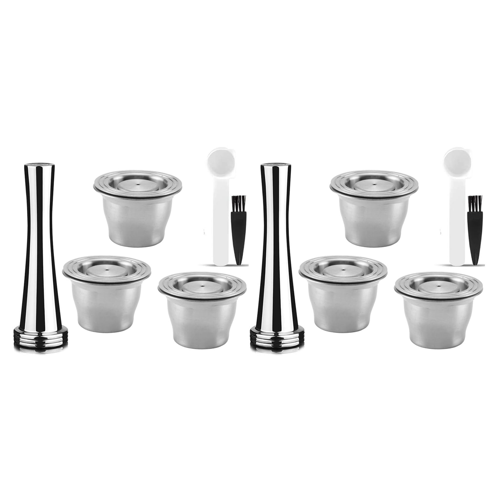 Hndhbfgrt Capsules Reusable, Stainless Steel, 6 Pieces Refillable Pads for + 2 Tamper + 2 Spoon + 2 Brush