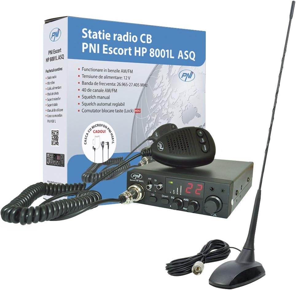 CB radio kit CB PNI ESCORT HP 8001L ASQ + CB antenna PNI Extra 48, fused cigarette lighter power plug and earphone HS81L included
