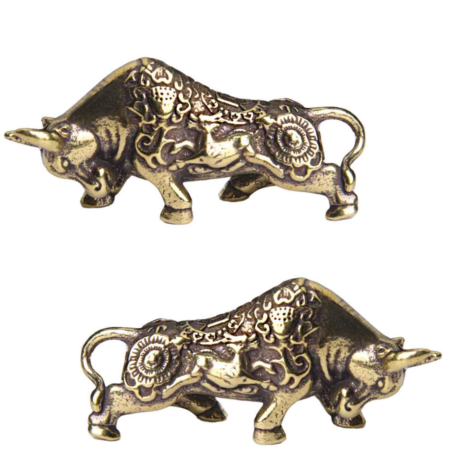 Brass Bull Statue 2pcs, Small Cow Figure Statues Ox Sculptures, Perfect Decor Home Table Decoration Office Desk Animal Ornament Figurine (Bronze-5)