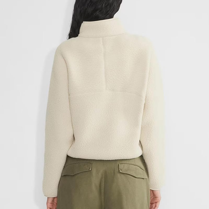 Keeliya Womens Fleece Sweatshirts Cropped Half Zip Fuzzy Warm Sherpa Pullover Varsity Jackets with Zipper Pockets(Beige,M) image 3