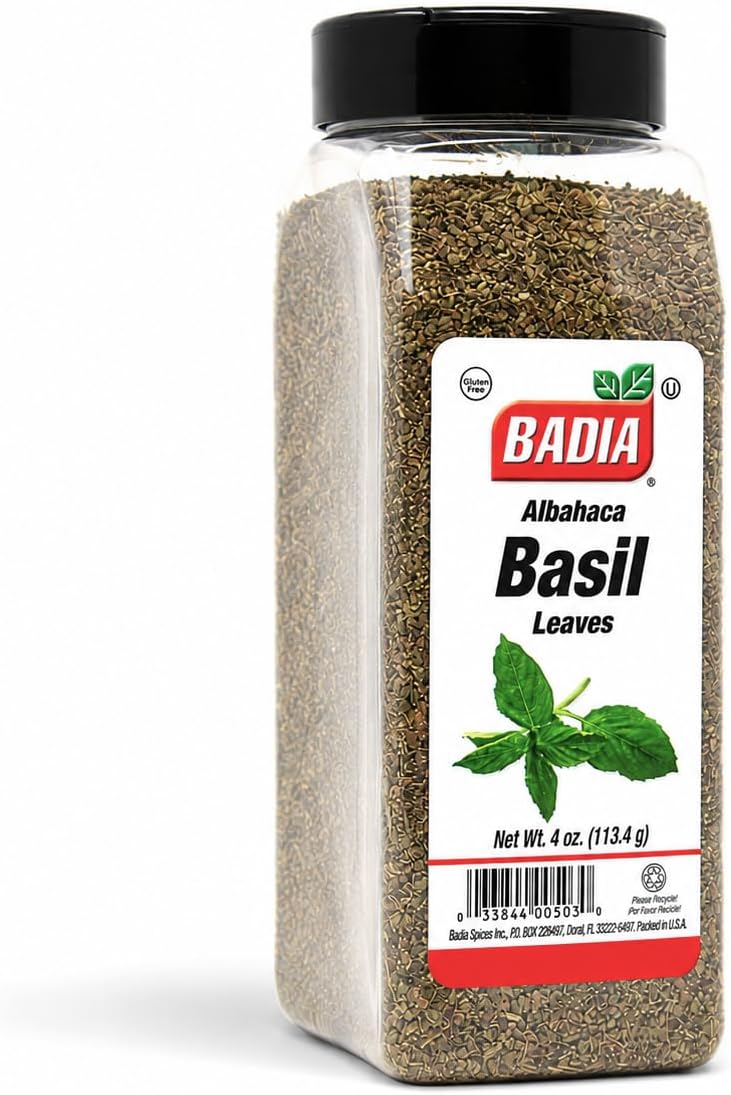 Badia Basil Leaves 4 oz โ Dried Sweet Basil Herb for Cooking | Aromatic dried basil leaves for pasta, pizza, sauces, soups, salads, vegetables, and Mediterranean-inspired recipes