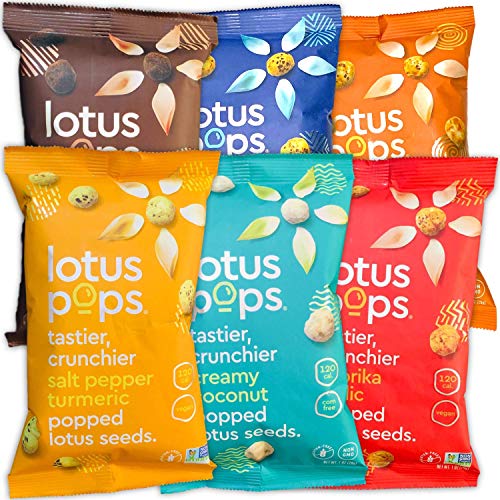 Lotus Pops Variety Pack - Popped Lotus (Water Lily) Seed Snacks â€“ Low Calorie Gluten Free Snacks | Plant Protein | Roasted Not-Fried | Paleo | GrainFree | Non GMO | Healthy Snacks | 6 1oz Packs