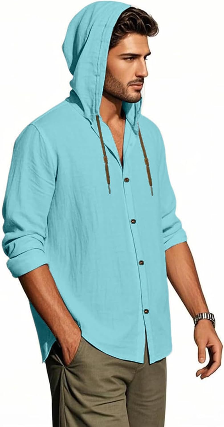 PIDOGYM Men Cotton Linen Long Sleeve Button Down Shirt Summer Casual Hawaiian Beach Tops Lightweight Fashion Hoodies - Image 3