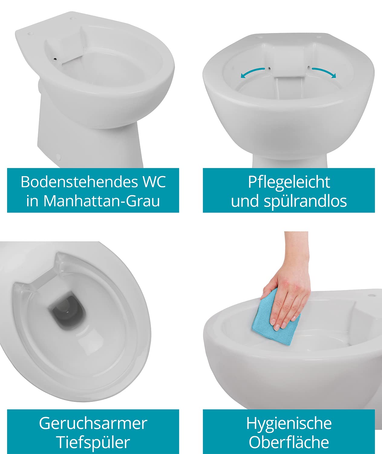 Calmwaters Stand WC spülrandlos in Manhattan-Grau, Tiefspüler Abgang waagerecht, hygienische Toilette ohne Spülrand, bodenstehendes WC aus Sanitärkeramik in Grau, 39 cm Höhe, 07AB6144