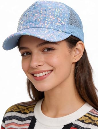 BOLLEY JOSS Sequin Ponytail Baseball Cap for Women Girls Velcro Ponycap Adjustable Mesh Trucker Hat
