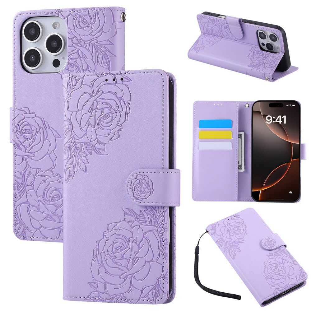 Étui iPhone 13 Pro Max violet clair à rabat cuir fleur véritable - 7