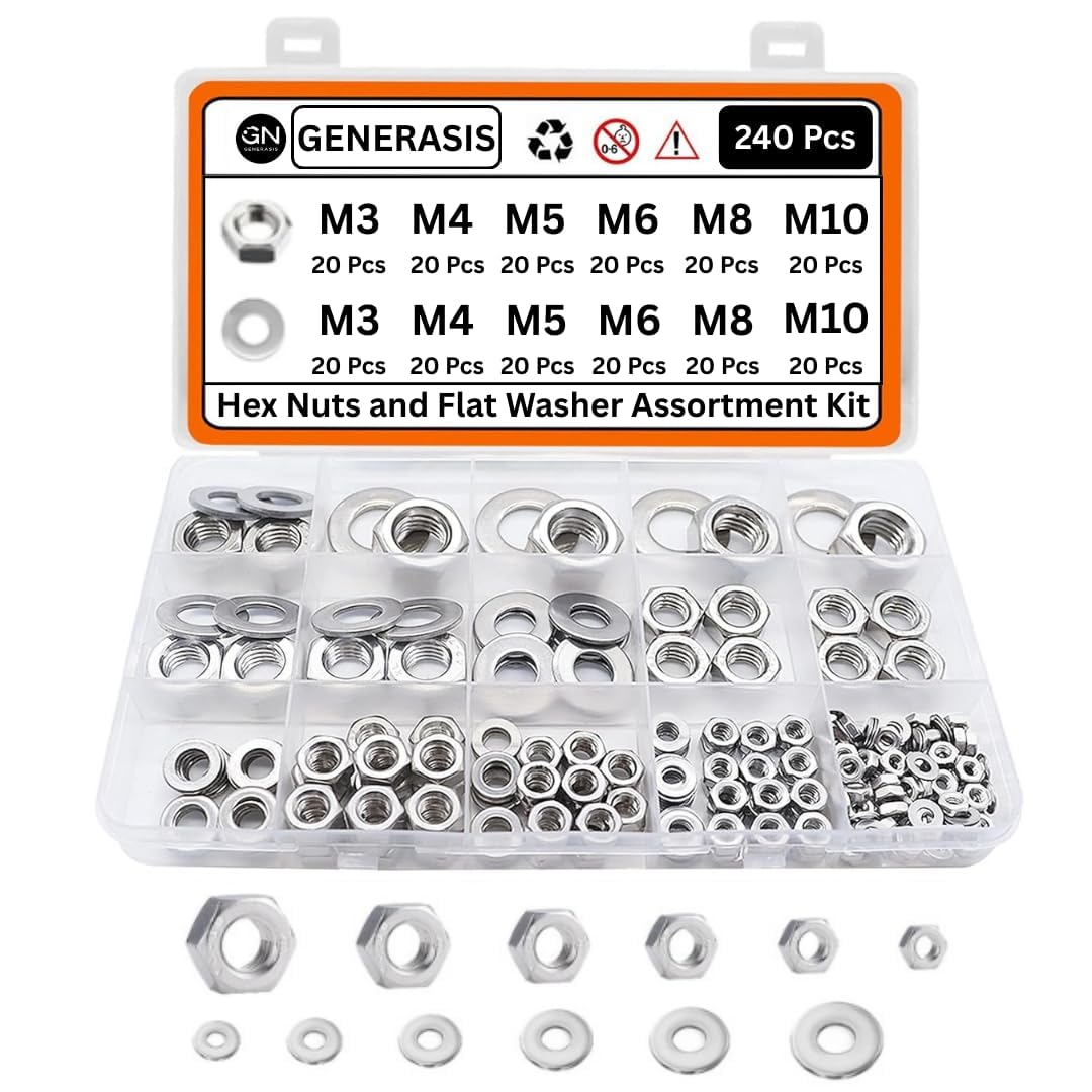 Generasis - Metric Hex Nut and Washer Assortment Kit, 6 Size Nuts and Washer Set (M3 M4 M5 M6 M8 M10) 304 Stainless Steel Hardware Hex Nuts for Screw Bolt (240 Pcs Small Assortment Kit)
