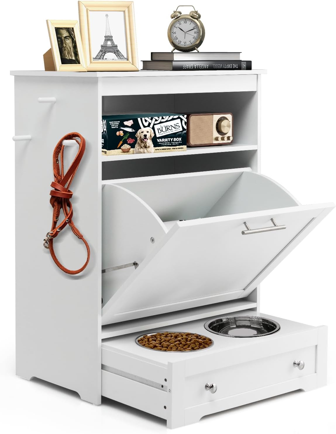 Dog Feeding Station Dogs Food Storage Cabinet Pet Feeder Container with 2 Thick 50oz Stainless Steel Raised Dog Food and Water Bowls, Pet Supply Organizer with Pet Toy Hangers, White