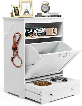 Dog Feeding Station Dogs Food Storage Cabinet Pet Feeder Container with 2 Thick 50oz Stainless Steel Raised Dog Food and Water Bowls, Pet Supply Organizer with Pet Toy Hangers, White