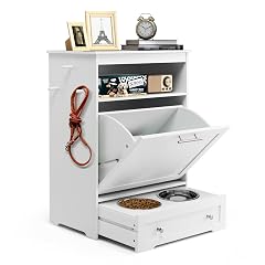 Dog Feeding Station Dogs Food Storage Cabinet Pet Feeder Container with 2 Thick 50oz Stainless Steel Raised Dog