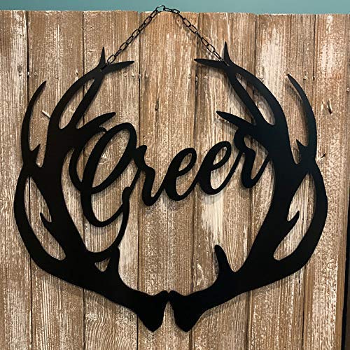 Deer Antler Decor with Script Family Last Name, Metal ACM Buck Antlers Sign Customized For Lady Hunter Gift, Rustic Door Hanger, QUICK Ship (Script Name)