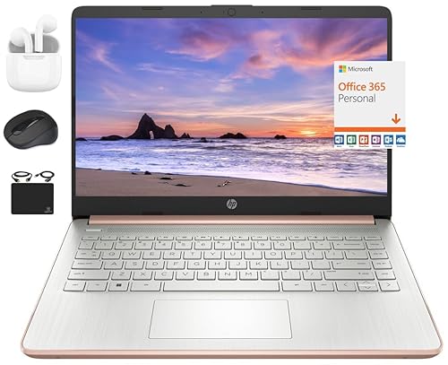 HP 2024 14インチ ノートパソコン 薄型 軽量 学生向けビジネス、クアッドコア Intel N4120、16GB RAM、384GB (128GB eMMC+ 256GBカード) 1年間 Office 365、ウェブカメラ WiFi、Windows