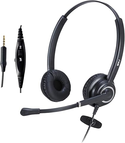 MKJ Wired 3.5mm Cell Phone Headset with Noise Canceling Microphone Dual Ear Mobile Phone Headset with Volume Mute for Smartphones, Laptops or Tablets