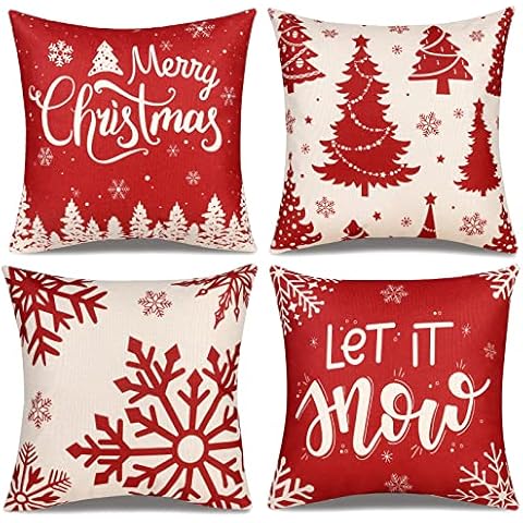 ButyHome Christmas Pillow Covers 18x18 Set of 4 Red Plaid Throw Pillowcase Christmas Decorations Deer Snowflake Farmhouse Linen Cushion Pillow Case for Home Decor Holiday Decorative Cover