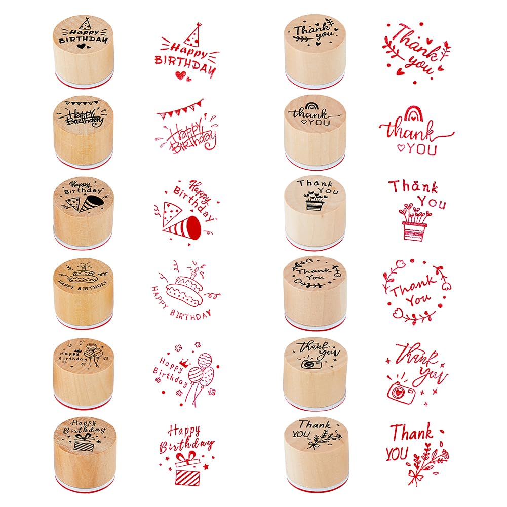 SUPERFINDINGS 2 Sets 12 Stück Holzstempel Holz Gummistempel Dankeschön-Stempel Happy Birthday Stempel für Dankesbriefe, Geburtstagskarten, Scrapbooking und Basteln, Durchmesser: 3 cm