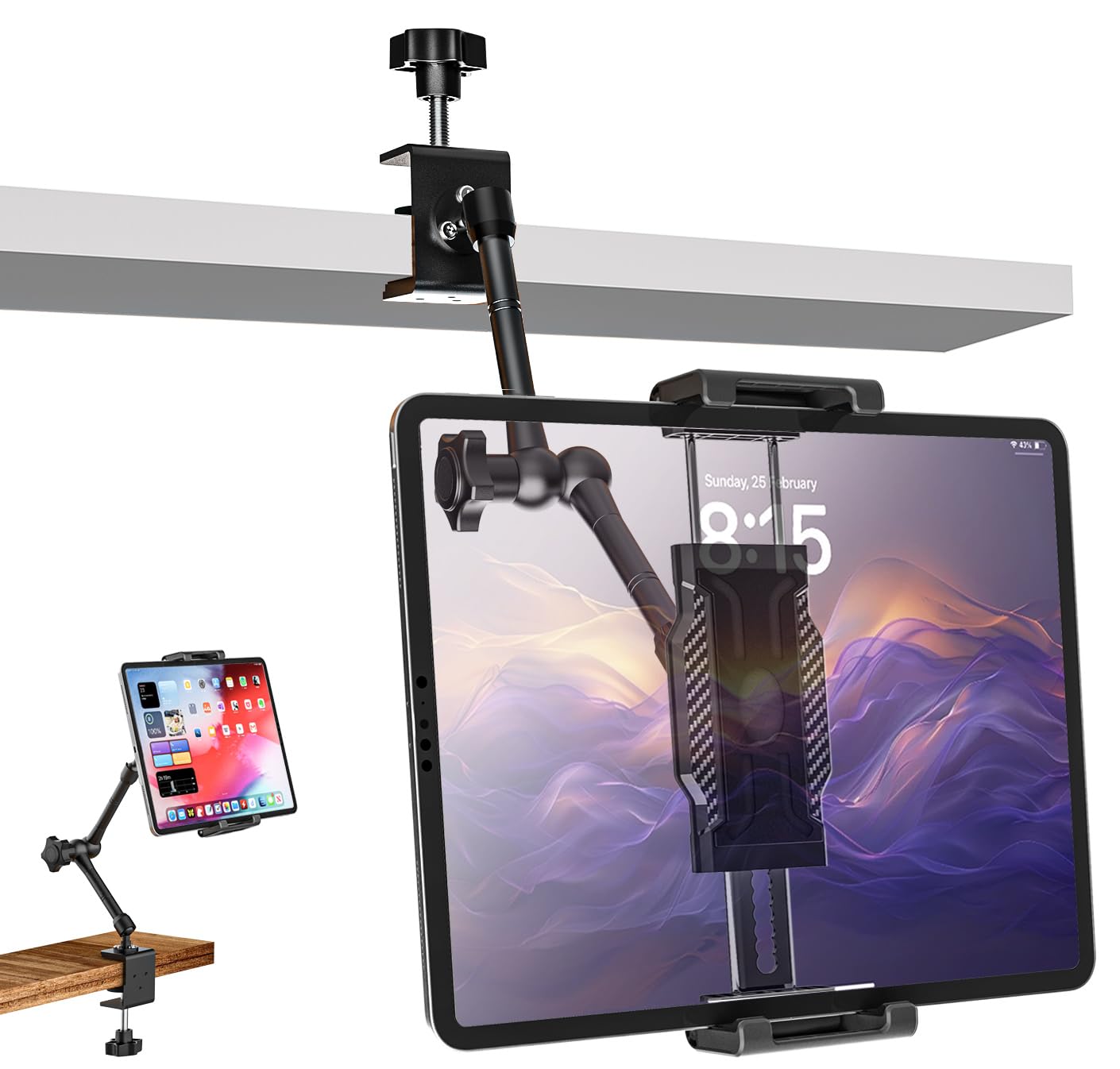 YOOZDesk Kitchen Tablet Holder [Suitable for Tabletop & Cabinet] Adjustable Metal Arm Cupboard Tablet Mount Stand for iPad Pro 12.9 Air Mini, Galaxy Tab Ultra, Switch, 6-14.6" Devices