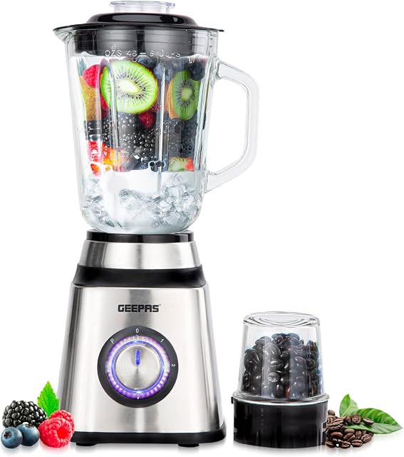 Geepas 2 in 1 Food Jug Blender with 1.5L Glass Jar | Stainless Steel Blades, 2 Speed Control with Pulse | Smoothie Blender with Coffee/Spice Grinder Mill Included | 2 Year Warranty, 1.5L, 500W Silver