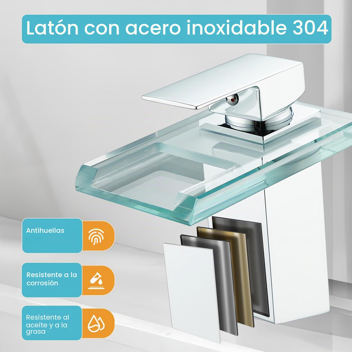 Grifo de baño, Armadura de cascada de vidrio para el baño, Grifo de lavabo monomando, Cromo