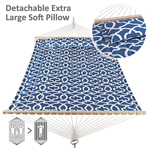 Image of SUNCREAT Double Tree Hammock with Hardwood Spreader Bar, Extra Large Soft Pillow, Heavy Duty Hanging Hammock for Indoor, Outdoor, Blue Pattern