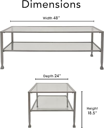 Miniatura 3 de ClickDecor Maddox - Mesa de centro de vidrio templado de 2 niveles con marco de metal, consola, muebles decorativos para sala de estar, parte