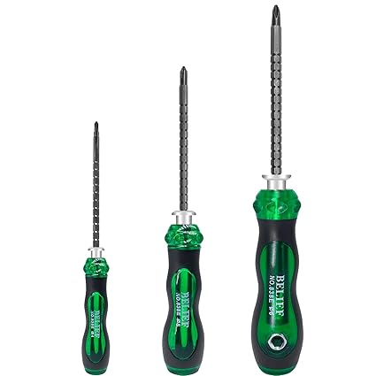 Yanglonghui 3 Piece Ratchet Telescopic Screwdriver, Double Head Magnetic Ratcheting Screw Driver, Adjustable Rod Length, The Tip of the Rod are Slotted and Phillips, Easy to Load (Green)