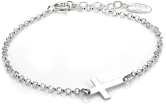 Sterling Silver Rolo Chain Adjustable Bracelet with Cross Charm