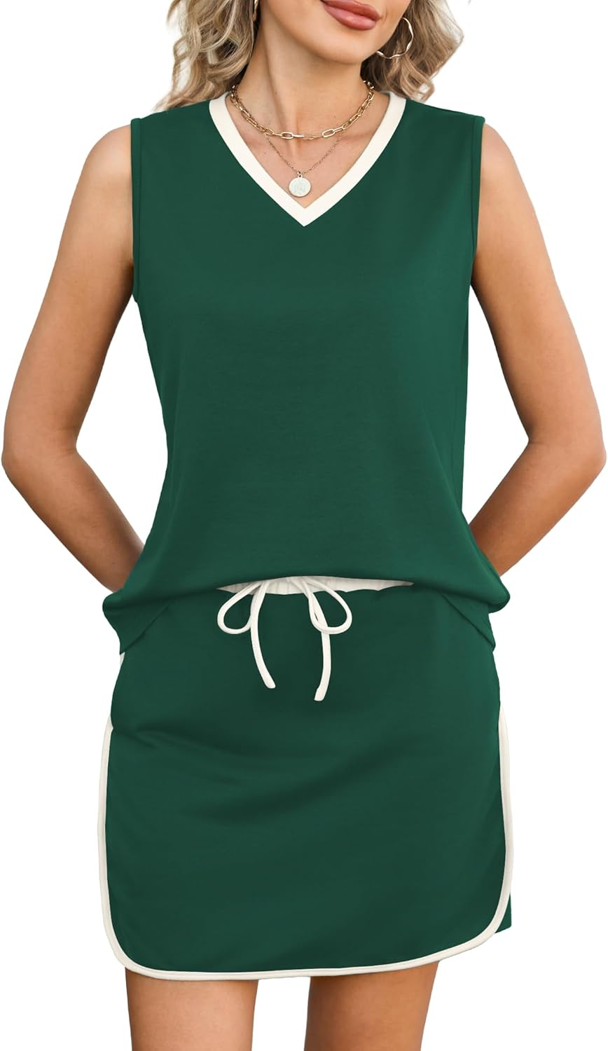 Casly Lamiit 2 Piece Sets for Women Summer Sleeveless Skirt Sets Outfits V Neck Skort Set with Pockets - Image 2