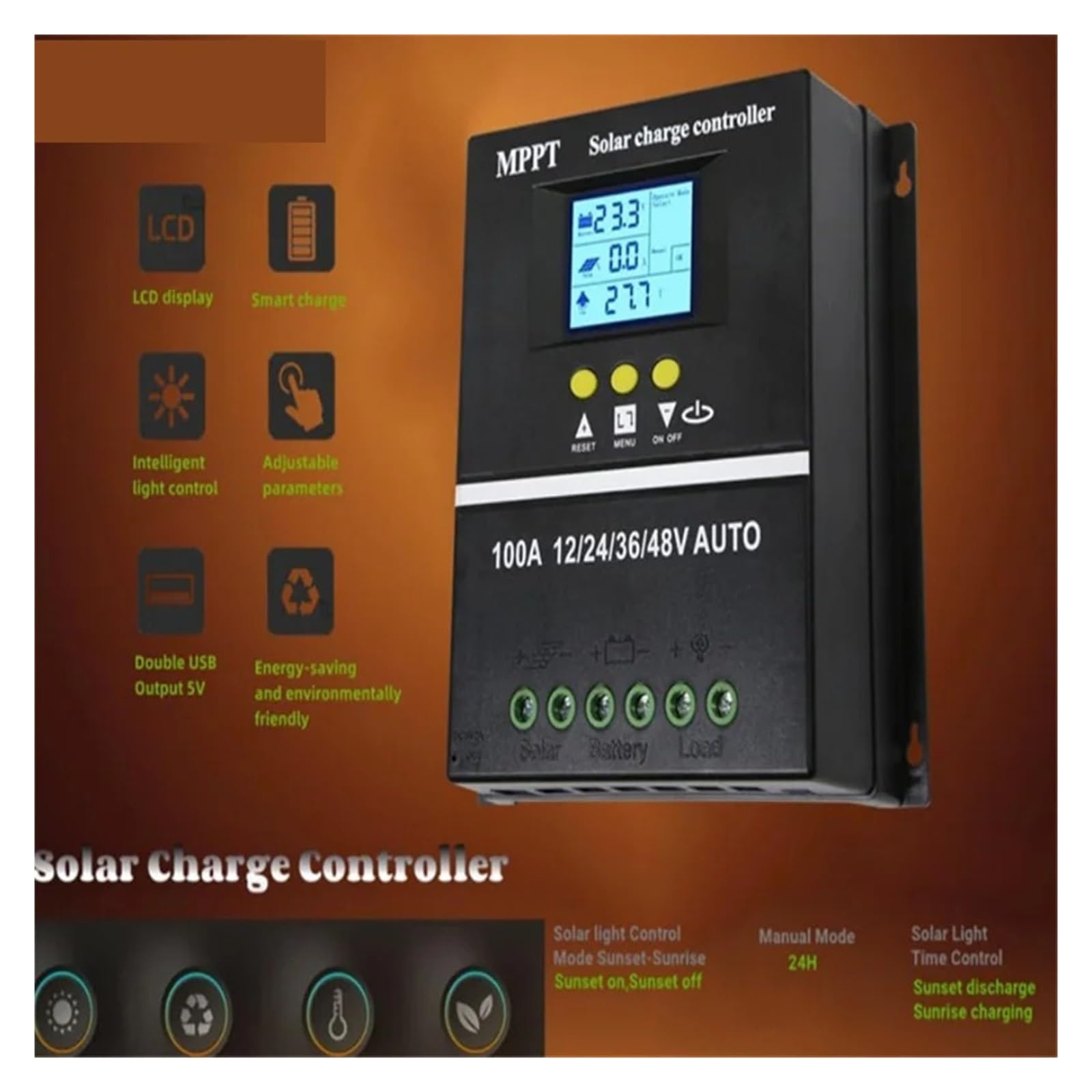 Controlador de Carga Solar Controlador de Carga Solar 60A 80A 100A MPPT 12V 24V 36V 48V Regulador Dual USB(60A)