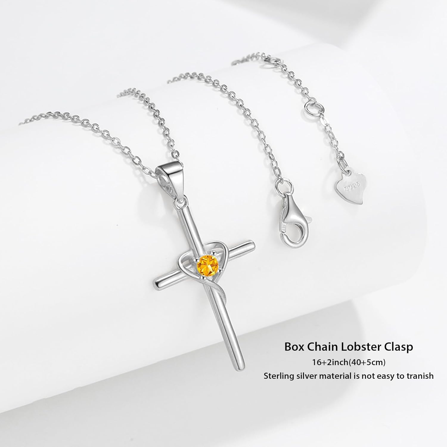 Cross Necklace for Women, 925 Sterling Silver Birthstone Necklace, 5A CZ Cross Heart Pendant with Adjustable Chain, 16+2 Inches - Image 6