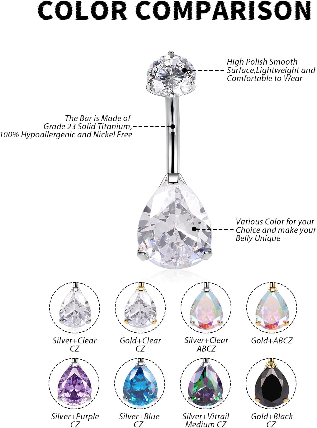 GAGABODY G23 Titanium Navel Piercing Ring Navel Rings Belly Rings 3/8 inch 10mm 14G Belly Button Rings Belly Piercing Prong Set Belly Button Piercing Water Drop Shape Double Sparkle Navel Barbell - Image 6