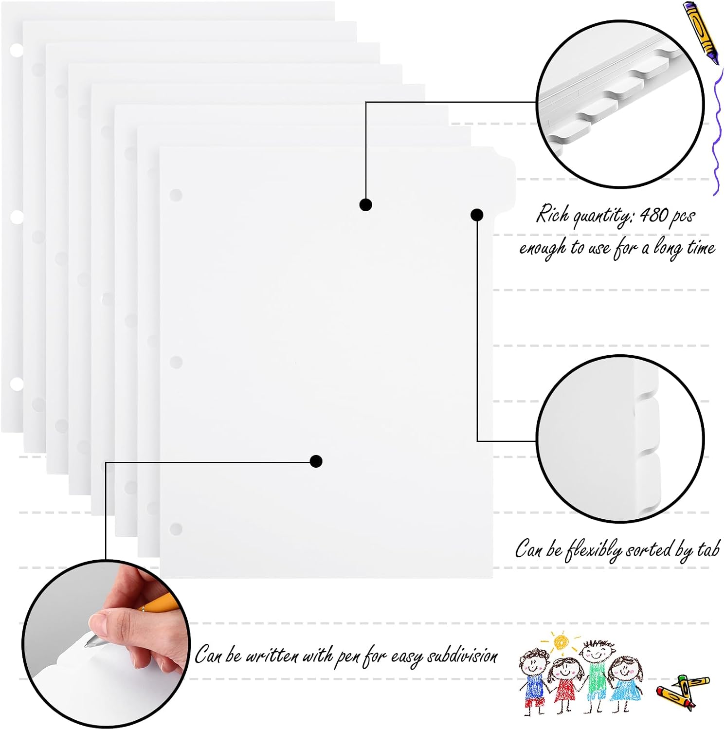Harloon 60 Set 3 Ring Binder Dividers with 8 Tabs, 1/8 Cut Tab Divider 3 Hole Punch Blank Index Binder Bulk 230 GSM Heavyweight Paper for School Class Office Home (White)