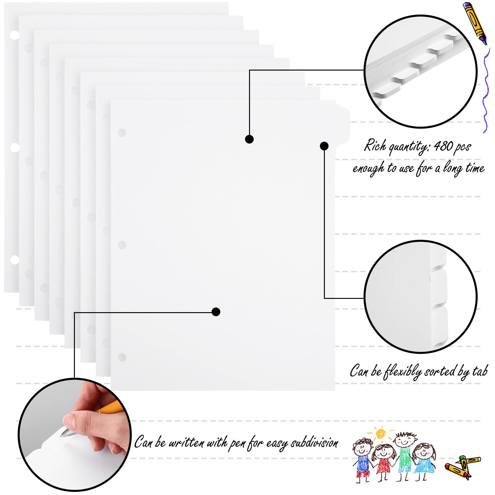 Harloon Set di 60 divisori per raccoglitori ad anelli con 8 linguette, divisori da 1/8 a 3 fori, per raccoglitori vuoti, 230 g/m², carta pesante per scuola, classe, ufficio, casa (bianco)