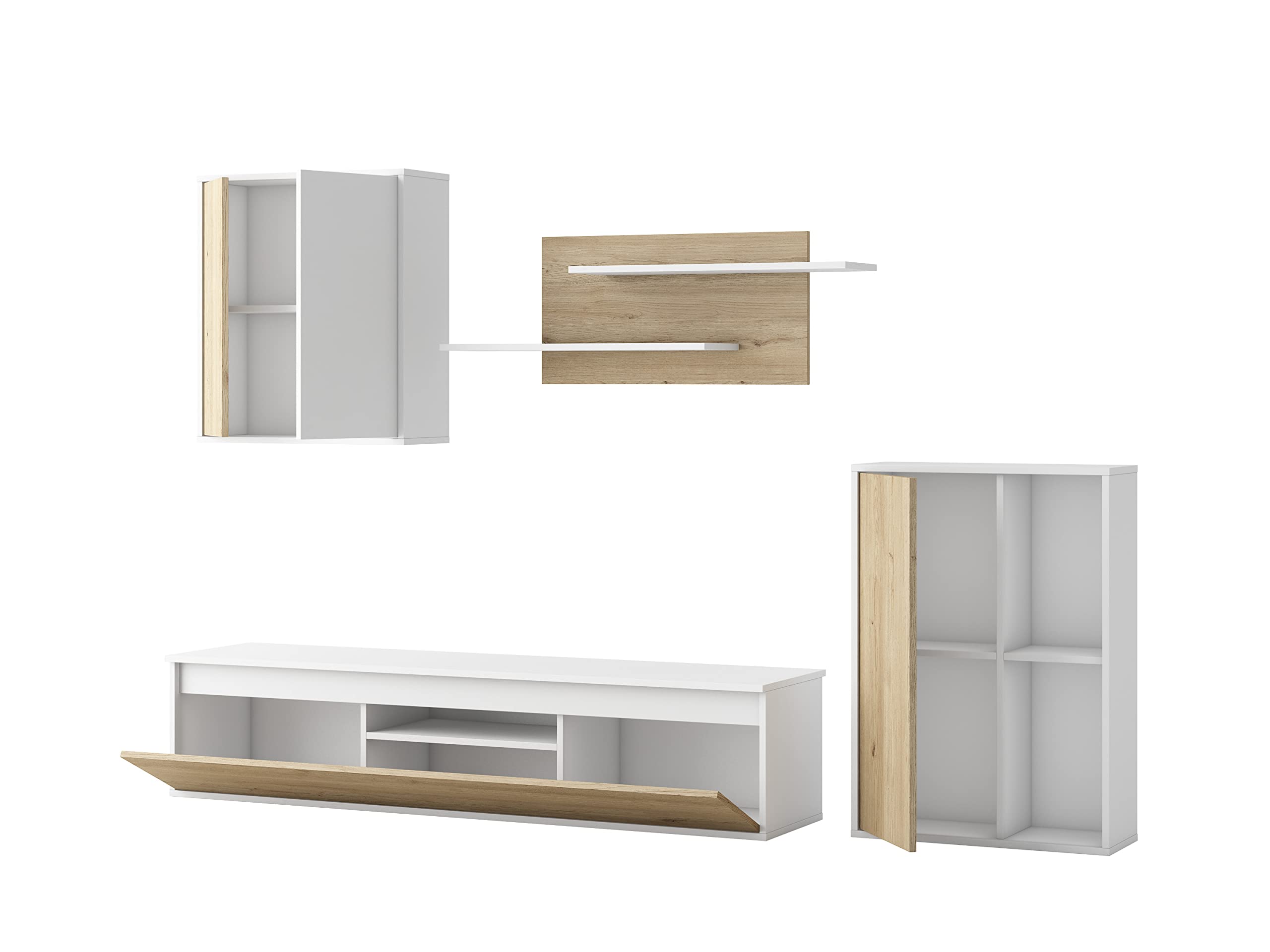 Skraut Home - Wohnzimmermöbel | TV-Möbel + 2 Aufbewahrungsmöglichkeiten + Regal | 220 x 38 x 180 cm | Komplettes Set für Wohnzimmer | 4 Elemente | Eiche und Weiß | nordischer Stil