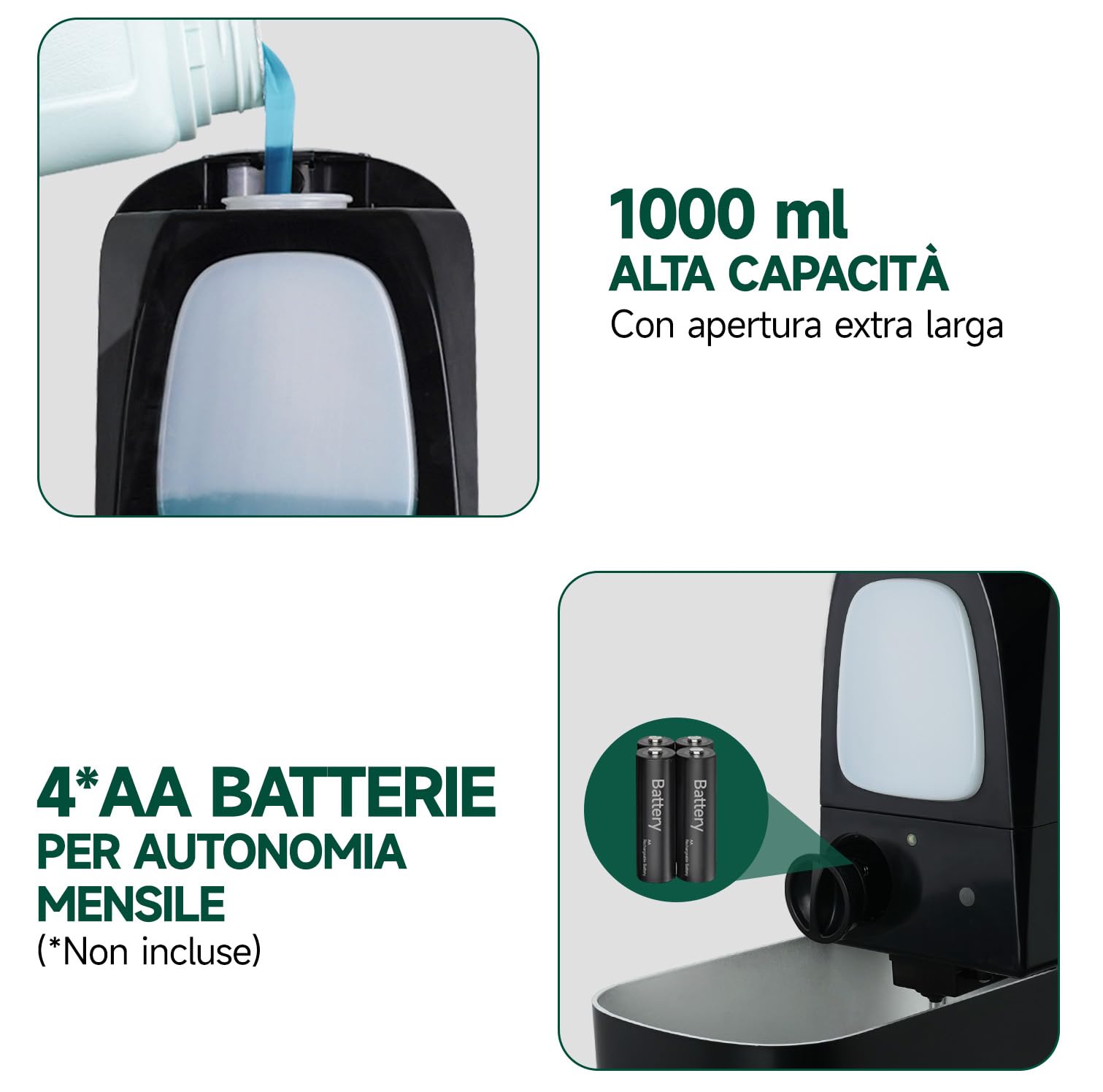 anydry Distributore automatico di sapone liquido professionale da 1000 ml, montaggio a parete, senza contatto, per bagni ad alto traffico, uffici, ospedali, modello 1220S Nero