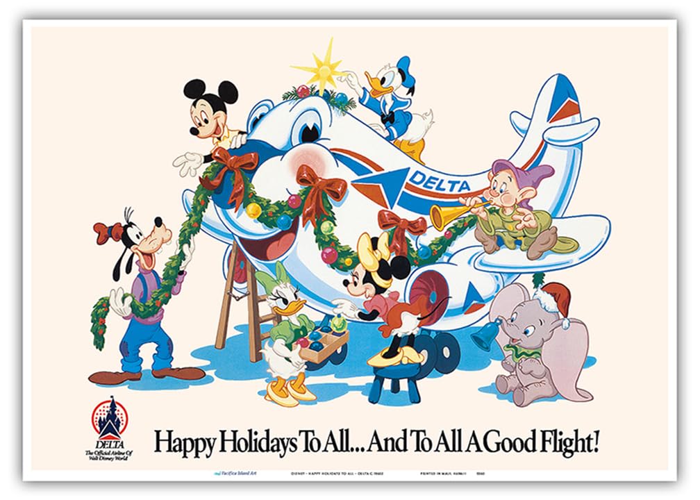 Mickey Mouse and Disney Characters - Happy Holidays to All - Delta Air Lines (Official Airline of Disney World) - Vintage Travel Poster c.1960s - Master Art Print 10in x 14in