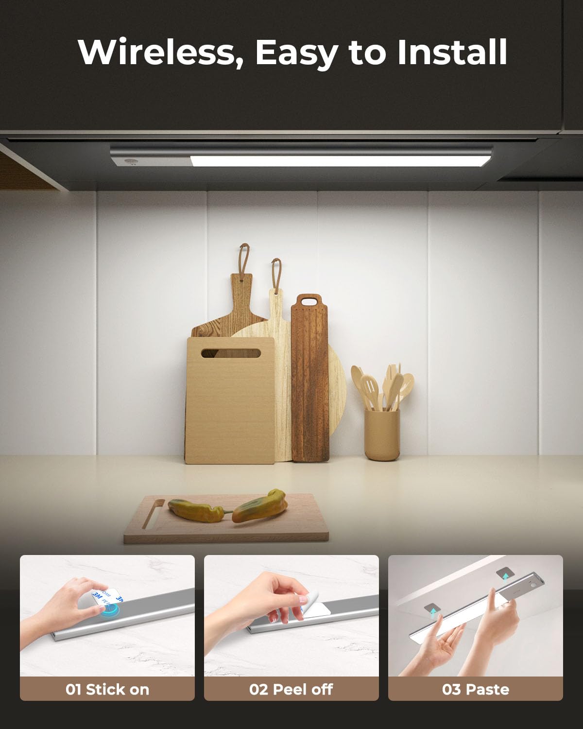 FULEN Lampe LED Rechargeable, 38CM Barre LED Cuisine avec Détecteur de Mouvement Intérieur, Lumière Sans Fil avec Batterie 3500mAh, Éclairage LED Cuisine Sous Meuble, 3 Températures de Couleur,Argent