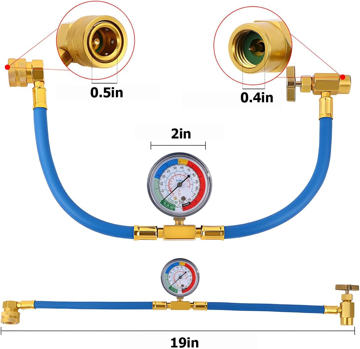 R134A Car AC Refrigerant Charge Hose Kit, Vehicle Air Conditioning Recharge Hose with Pressure Gauge, Automotive AC Refrigerant Recharging Hose Measuring Kit, Universal Fit