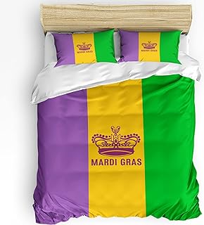 SEVENBABU Comfortable Set Polyester Duvet Cover Set for Kids Girls Boys, Soft Duvet Cover Set 3 Pieces with Zipper Closure, 1 Quilt Cover 2 Pillowshams (Mardi Gras Carnival Flag with Crown, Twin)
