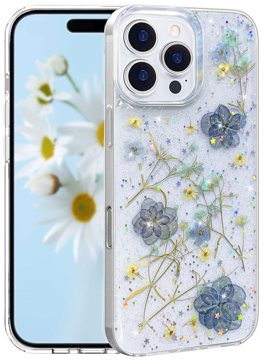 CEOKOK for iPhone 16 Pro Max Floral Case Clear with Real Pressed Violet Blue Flowers Design Cute Bling Glitter Sparkle Slim Soft TPU Transparent